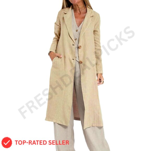 Long Linen Blazer Jacket Casual Lightweight Trench Coat